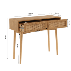 Console INES effet chêne et cannage rotin 2 tiroirs