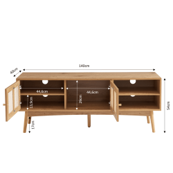 Meuble tv INES effet chêne et cannage rotin l140cm