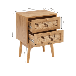 Table de chevet INES effet chêne et cannage rotin 2 tiroirs