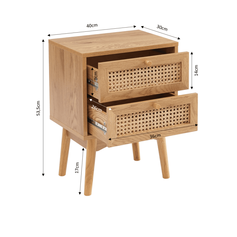 Table de chevet INES effet chêne et cannage rotin 2 tiroirs