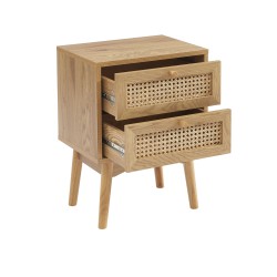 Table de chevet INES effet chêne et cannage rotin 2 tiroirs