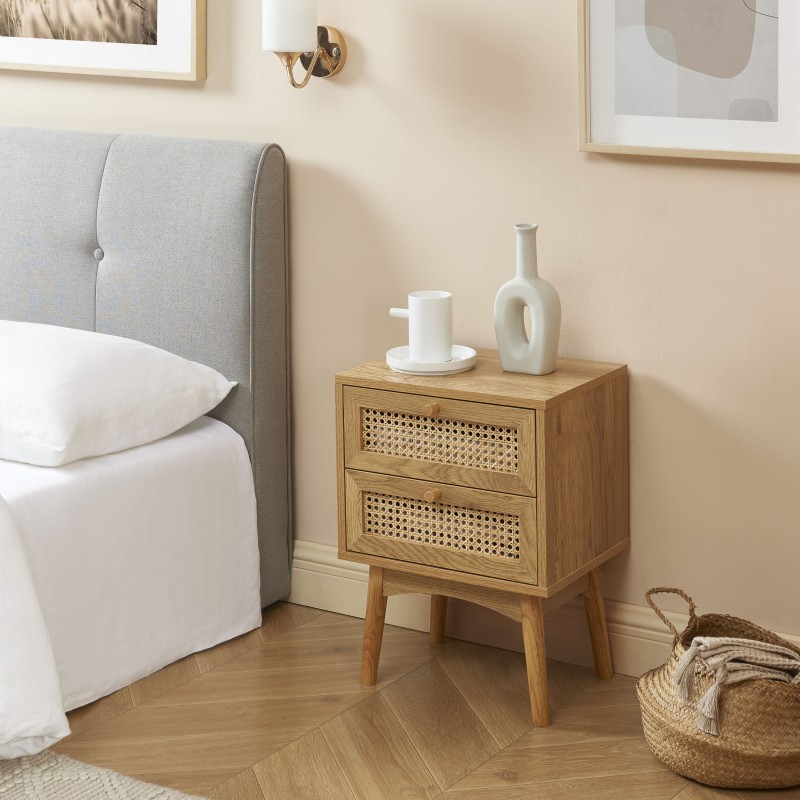 Table de chevet INES effet chêne et cannage rotin 2 tiroirs