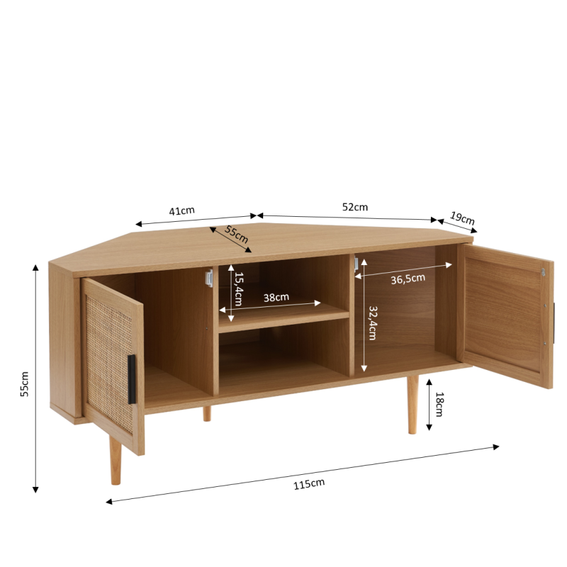 Meuble tv d'angle AMANA effet chêne et cannage rotin 2 portes