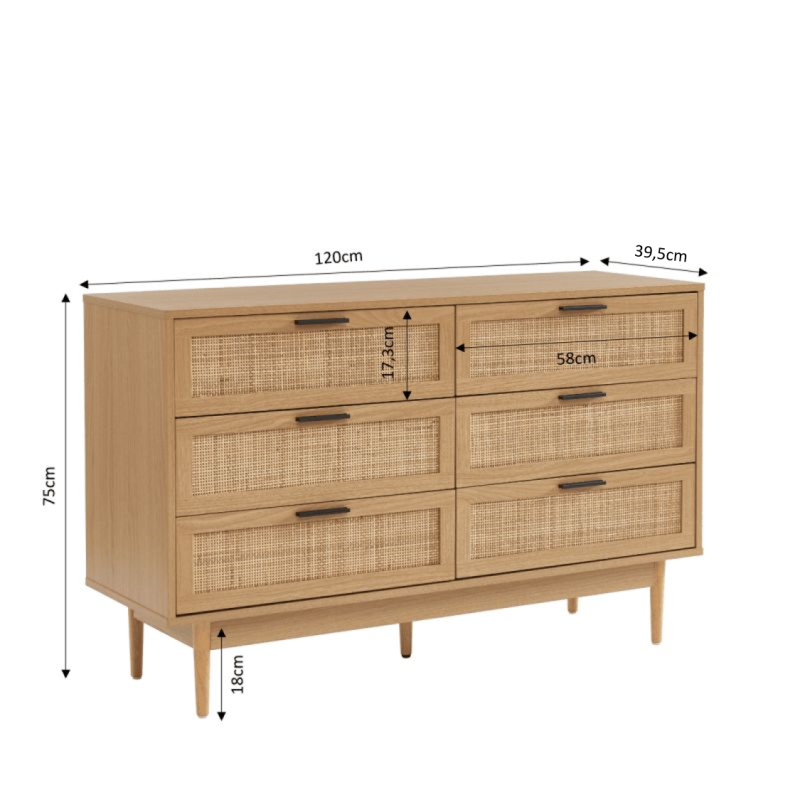 Commode AMANA effet chêne et cannage rotin 6 tiroirs