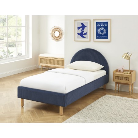 Lit enfant MAGNUS velours côtelé bleu nuit 90x190 sommier inclus