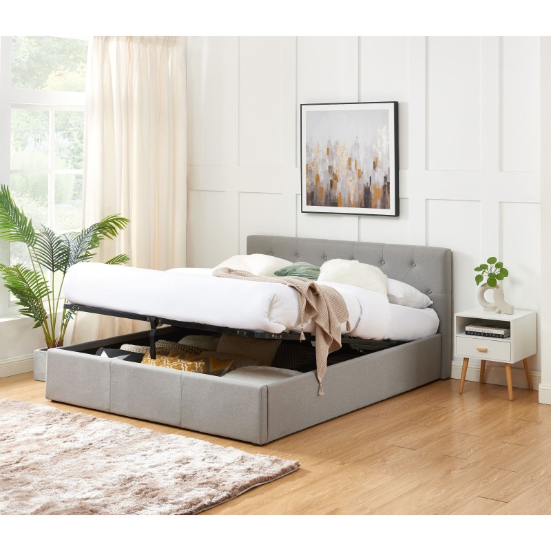 Lit coffre BAHIA tissu gris 140x190 sommier inclus