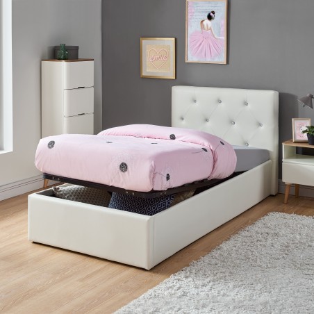Lit coffre enfant BAHIA simili blanc 90x190 sommier inclus