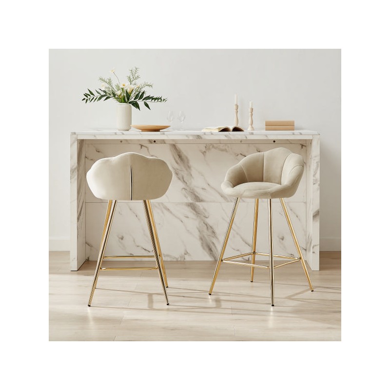 Lot de 2 tabourets CORAIL en velours beige avec pieds dorés