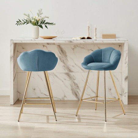 Lot de 2 tabourets CORAIL en velours bleu avec pieds dorés