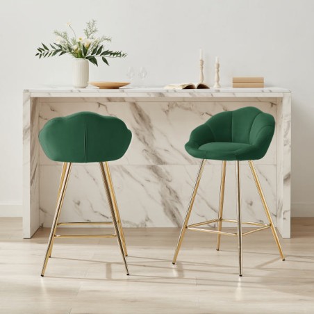 Lot de 2 tabourets CORAIL en velours vert sapin avec pieds dorés