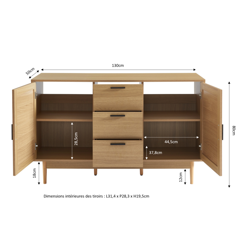 Meuble sous lavabo AMANA effet chêne et cannage rotin 130cm