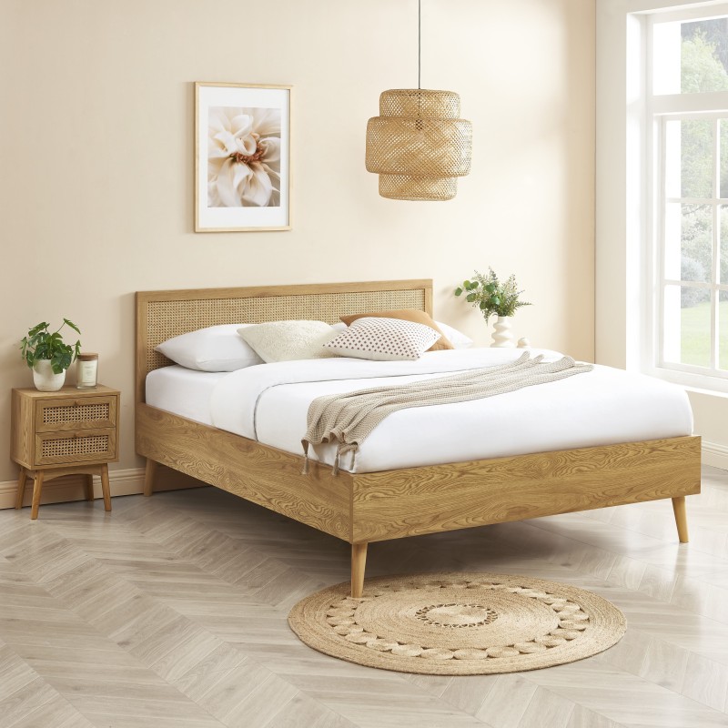 Lit double INES cannage rotin 140x190 sommier inclus