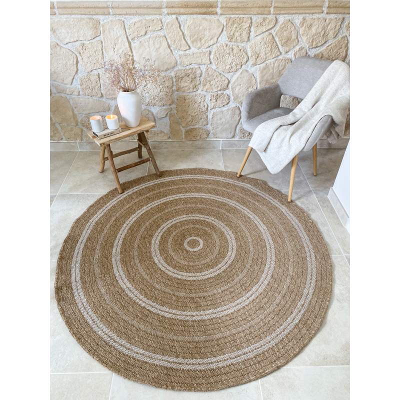 Tapis MENORCA rond marron et blanc aspect jute 160x160cm