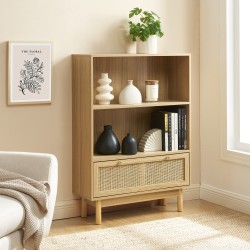 Bibliothèque HELENA effet chêne et cannage rotin 80cm