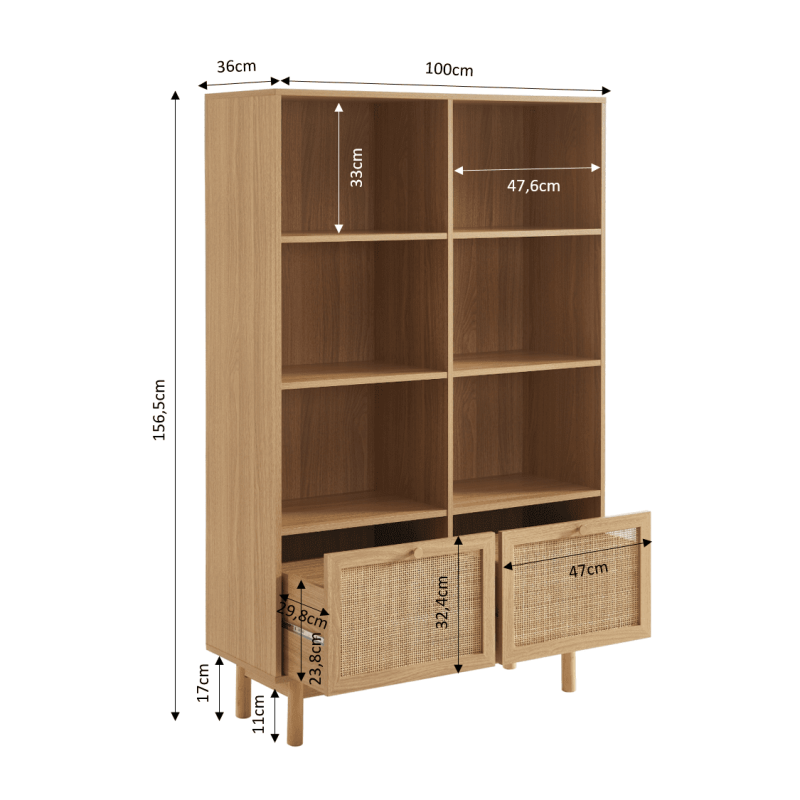 Bibliothèque HELENA effet chêne et cannage rotin 100cm