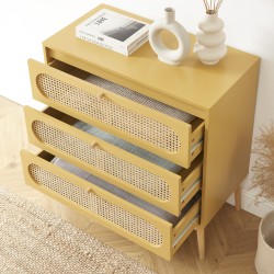 Commode SIXTINE jaune safran et cannage rotin 3 tiroirs