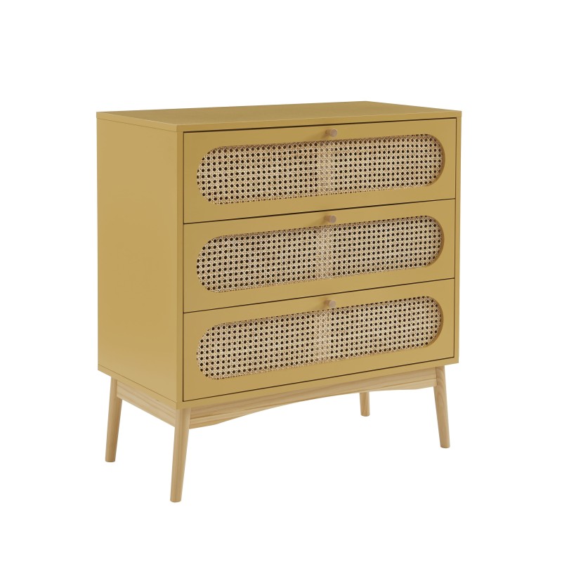 Commode SIXTINE jaune safran et cannage rotin 3 tiroirs