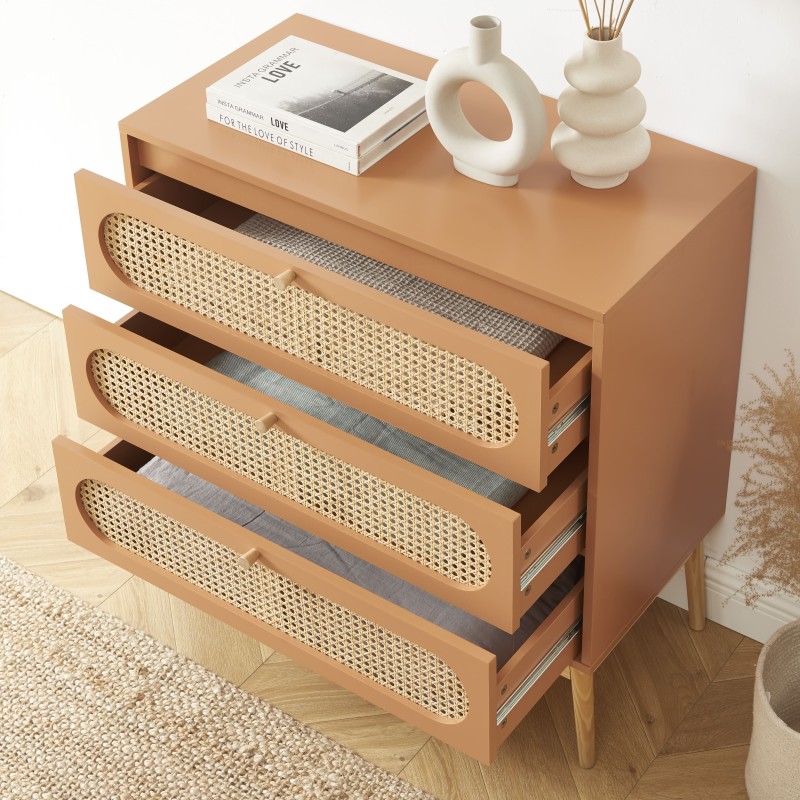 Commode SIXTINE terracotta et cannage rotin 3 tiroirs