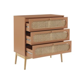Commode SIXTINE terracotta et cannage rotin 3 tiroirs