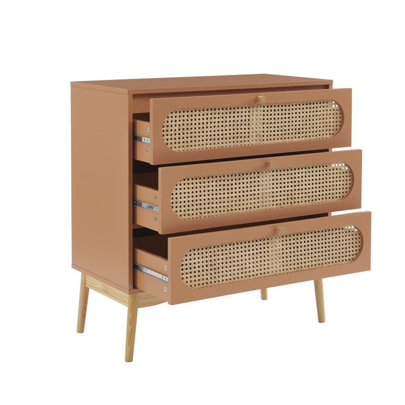 Commode SIXTINE terracotta et cannage rotin 3 tiroirs