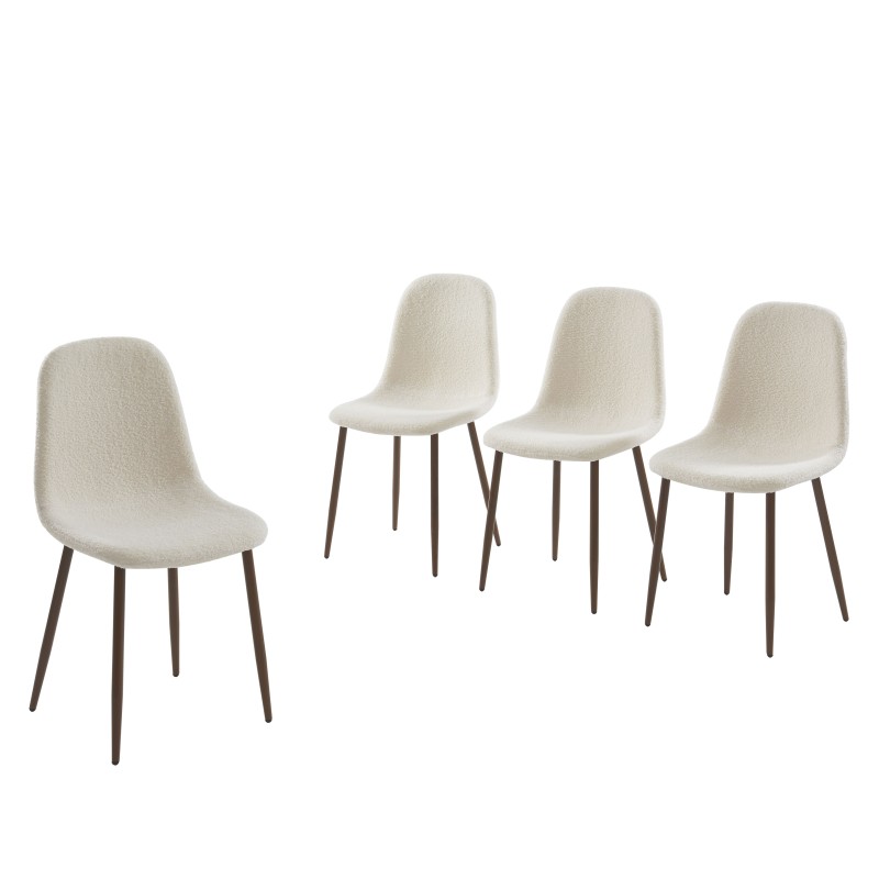 Lot de 4 chaises BIRGIT tissu bouclette écru pieds bois foncé