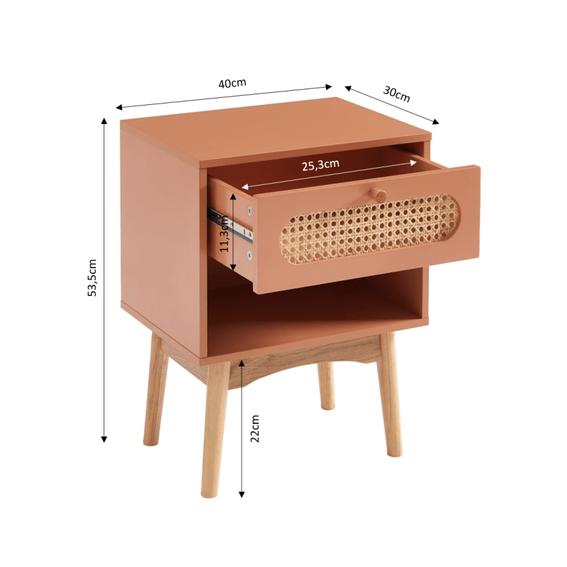 Table de chevet SIXTINE terracotta et cannage rotin 40cm