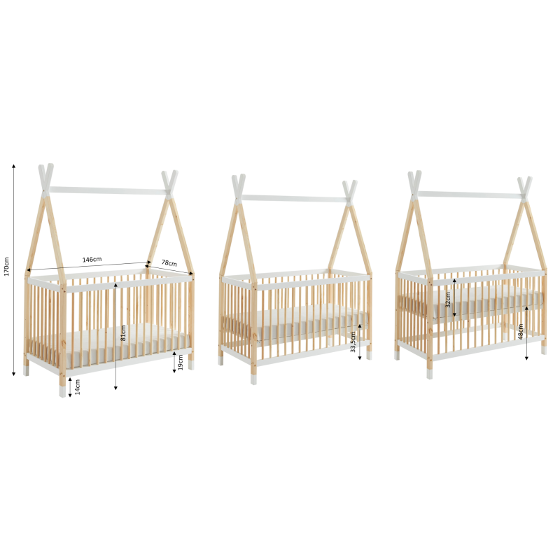 Lit bébé TIPI pin et blanc 70x140 sommier inclus