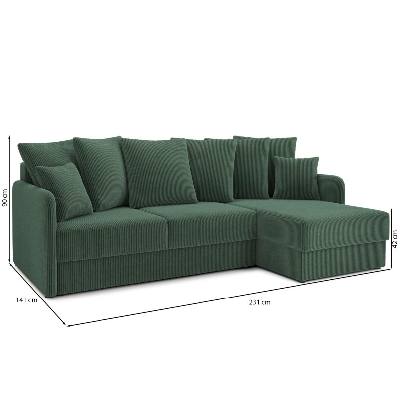 Canapé d'angle LUKA convertible velours côtelé vert 4 places