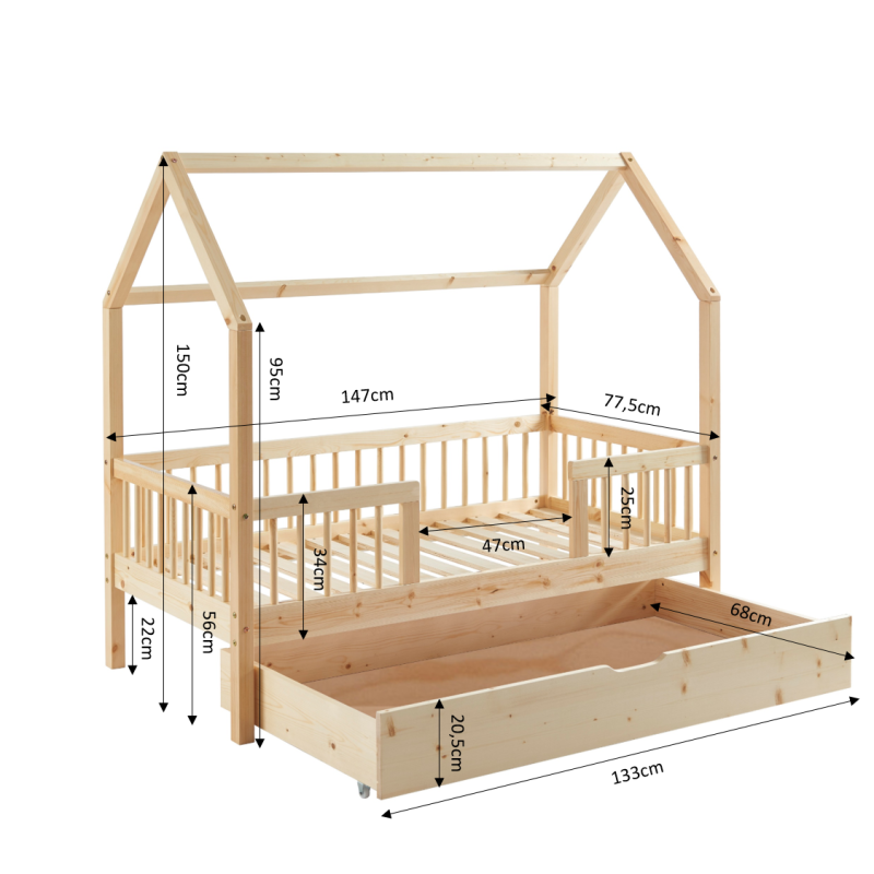 Lit cabane avec barrières TINY pin massif 70x140 sommier + tiroir inclus