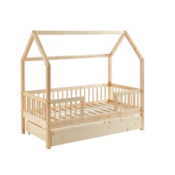 Lit cabane avec barrières TINY pin massif 70x140 sommier + tiroir inclus
