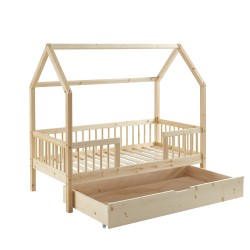 Lit cabane avec barrières TINY pin massif 70x140 sommier + tiroir inclus