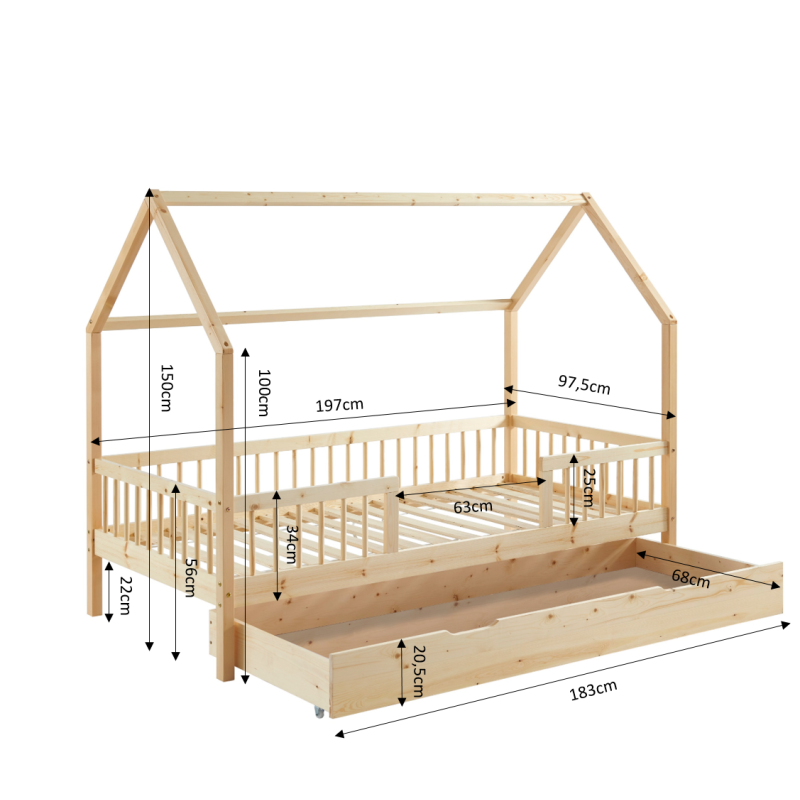 Lit cabane avec barrières TINY pin massif 90x190 sommier + tiroir inclus