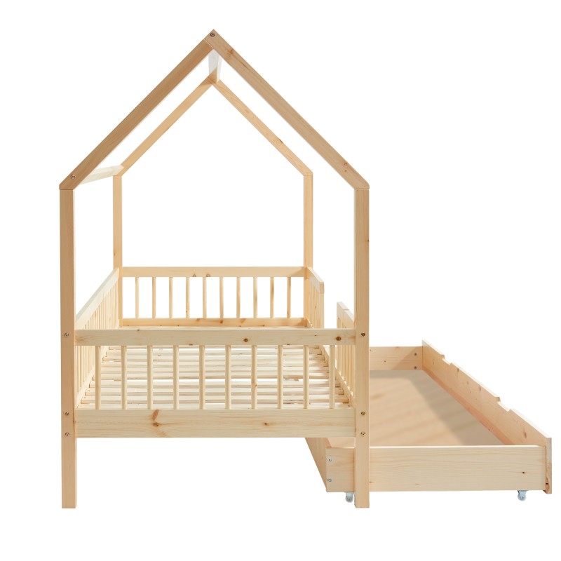 Lit cabane avec barrières TINY pin massif 90x190 sommier + tiroir inclus