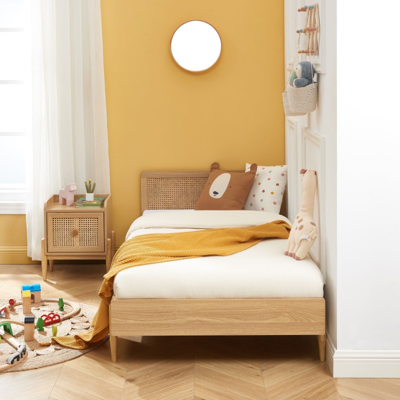 Lit enfant PABLO cannage rotin et effet bois90x190 sommier inclus