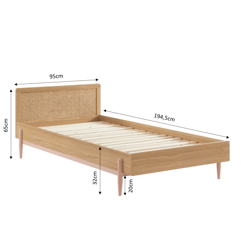 Lit enfant PABLO rose et cannage rotin 90x190 sommier inclus
