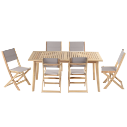 Ensemble table et chaises MOLA 6 places extensible 160/220 cm en bois d'acacia FSC blanchi et textilène