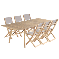 Ensemble table et chaises MOLA 6 places extensible 160/220 cm en bois d'acacia FSC blanchi et textilène