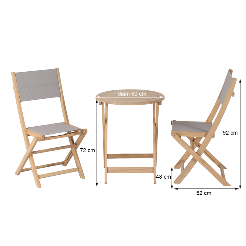 Ensemble table et chaises de jardin RIMINI 2 places en bois d'acacia et textilène taupe