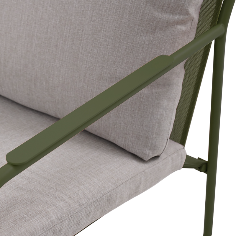 Salon de jardin PANTONE en acier kaki et coussins girs clair