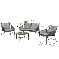 Salon de jardin ANA 4 places en acier KAKI coussins gris clair