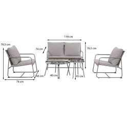 Salon de jardin PANTONE 4 places en acier gris et coussins girs clair