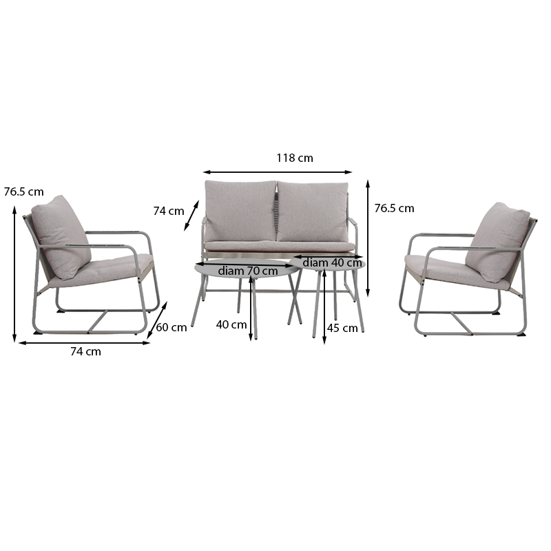 Salon de jardin PANTONE 4 places en acier gris et coussins girs clair