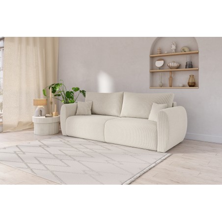 Canapé Convertible 3 Places Kelly En Tissu Beige - Style Scandinave, Fonction Couchage Et Rangements Intégrés
