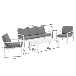 Salon de jardin DINA 5 places aluminium blanc et coussins gris clair