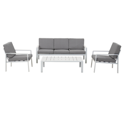 Salon de jardin DINA 5 places aluminium blanc et coussins gris clair