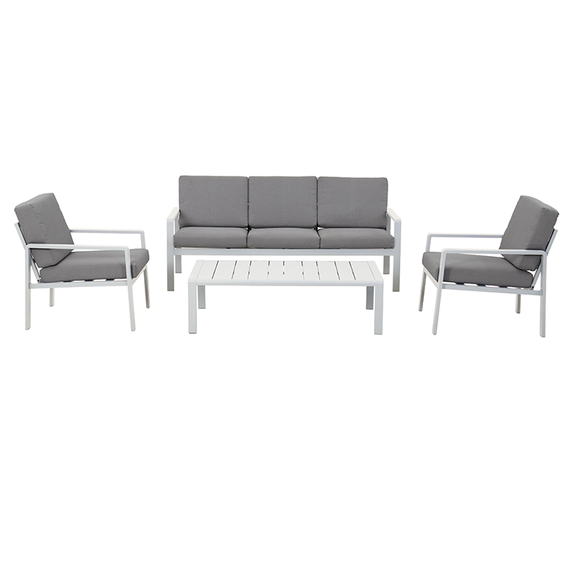Salon de jardin DINA 5 places aluminium blanc et coussins gris clair