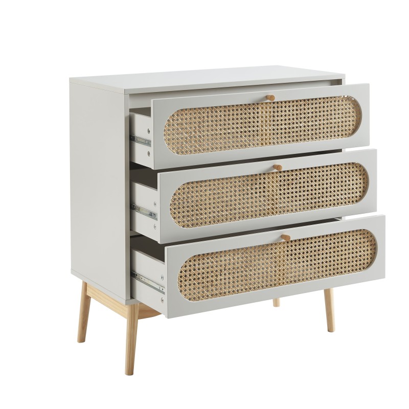 Commode SIXTINE blanc et cannage rotin 3 tiroirs