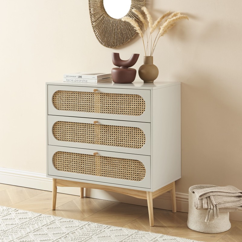 Commode SIXTINE blanc et cannage rotin 3 tiroirs