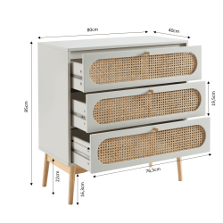Commode SIXTINE blanc et cannage rotin 3 tiroirs