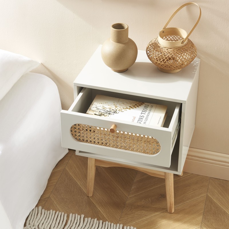 Table de chevet SIXTINE blanc et cannage rotin 40cm